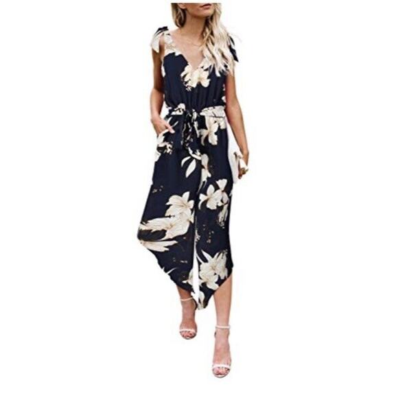 Belongsci Dresses & Skirts - BELONGSCI Sleeveless Shoulder V-Neck Wide Leg Jumpsuit w Belt and Pockets Sz S